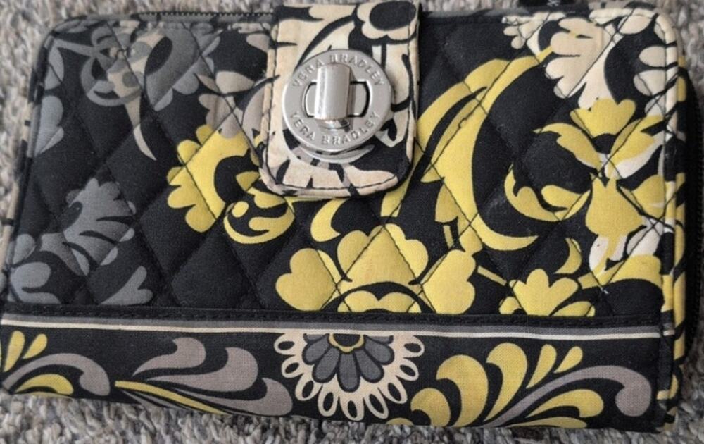 Vera Bradley Baroque Turnlock Wallet Organizer Black White Yellow Floral Retired